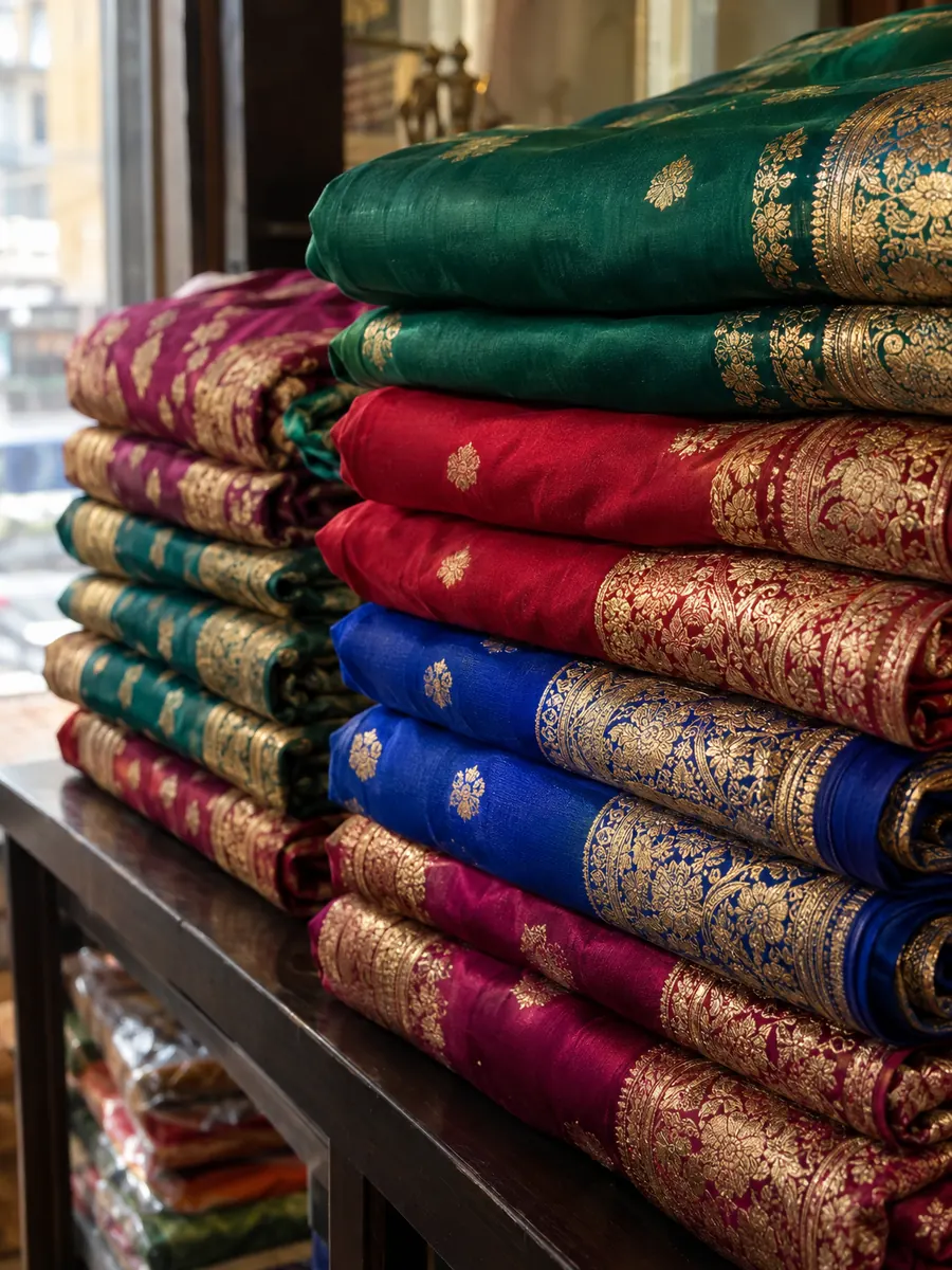 Folded Banarasi silk sarees on the shelf